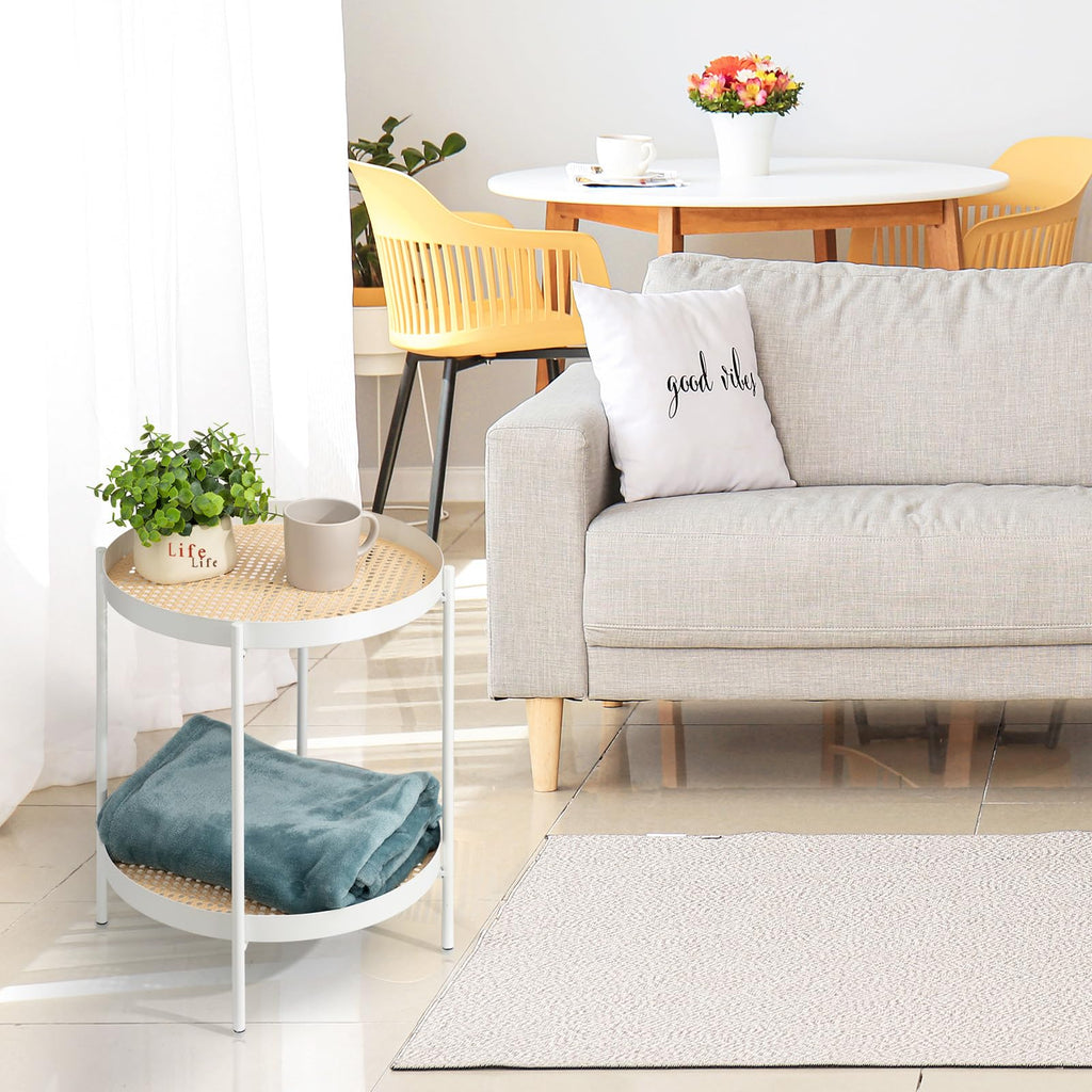 Discover the Elegance of the Anti Rust White Imitation Rattan Small Metal End Table