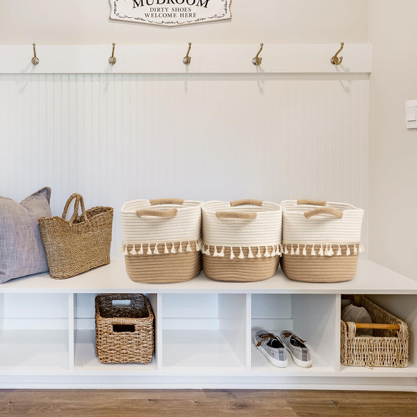 Danpinera 3 Pack White And Jute Woven Storage Cotton Rope Basket Bin