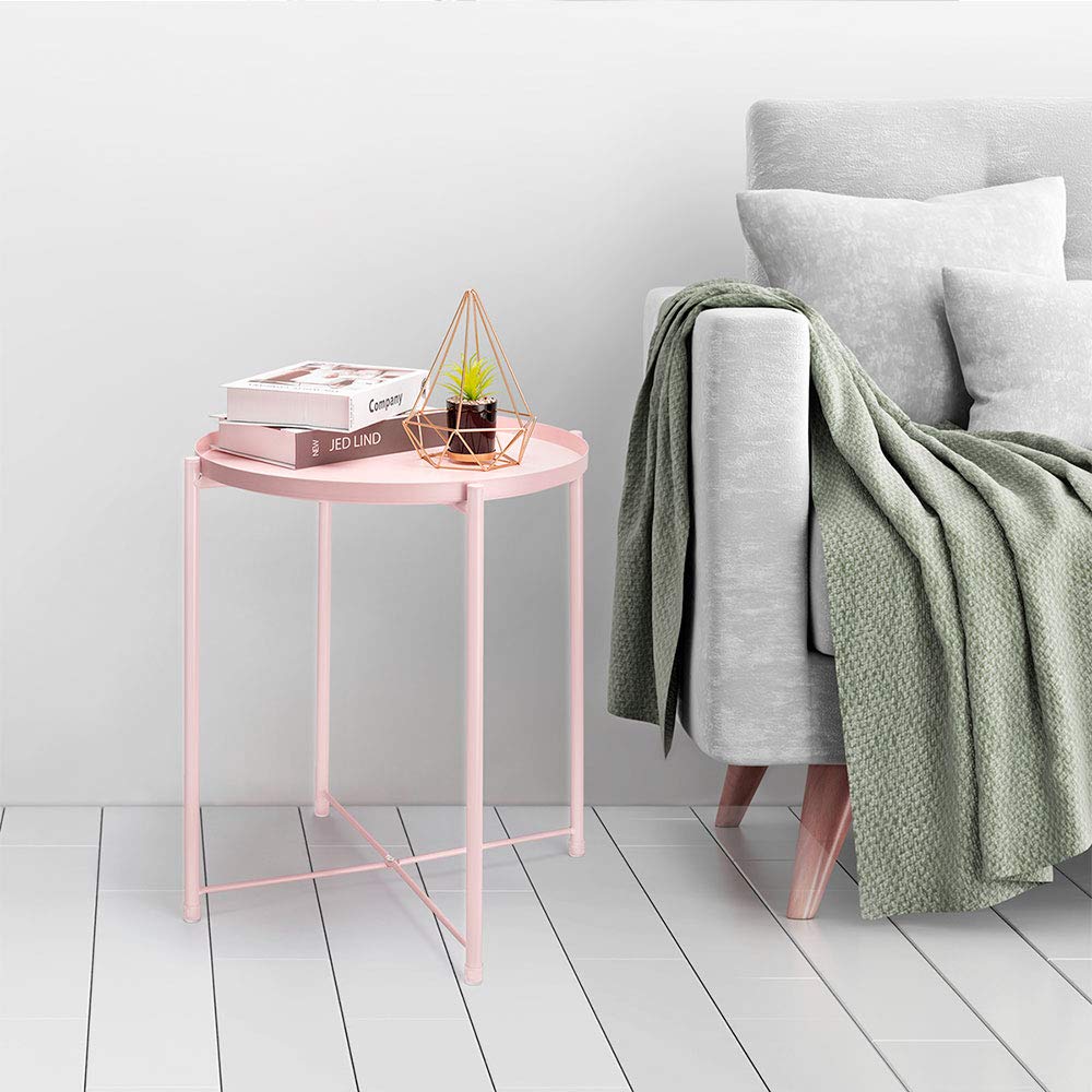 Light Pink Single Tier Round Folding Metal End Table With Removable Tray