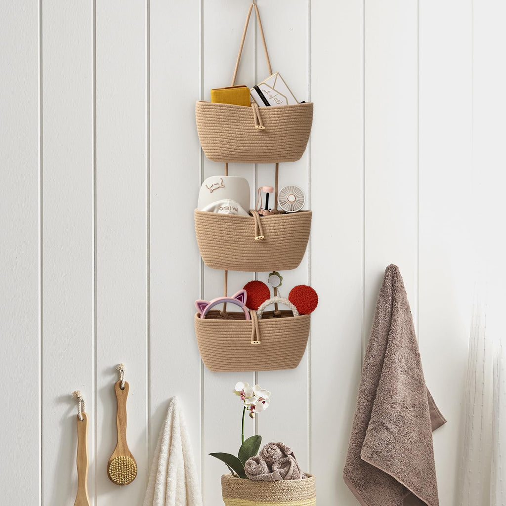 Linen Brown 3-Tier Cotton Rope Hanging Storage Baskets with Button Strap