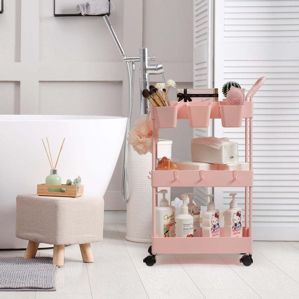 Pink 3 Tier Slim Utility Cart Bathroom Storage Cart with Wheels – Danpinera
