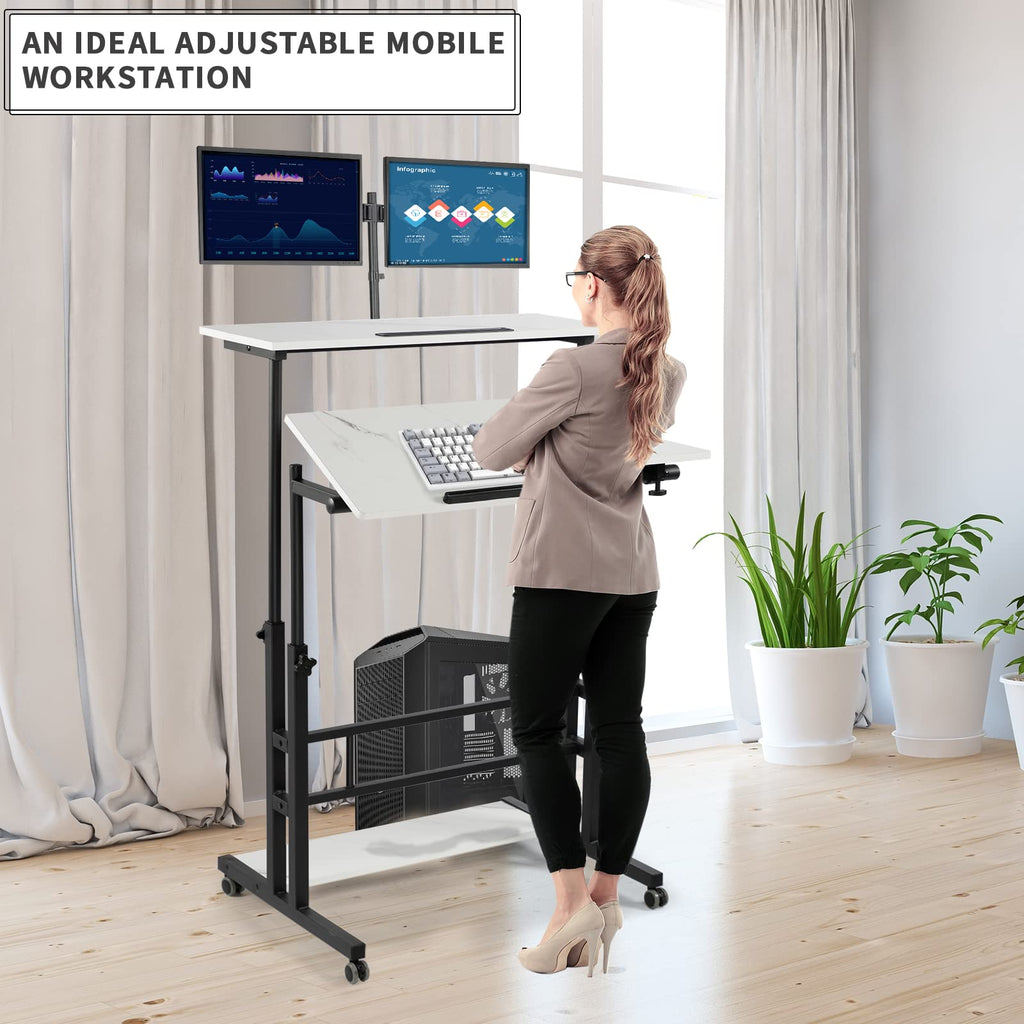 Computer Table Roller Adjustable Marble White Roller Skating Standing Computer Desk with Whe ...