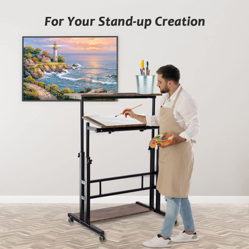 Hadulcet Rustic Brown Adjustable Standing Computer Desk with Wheels