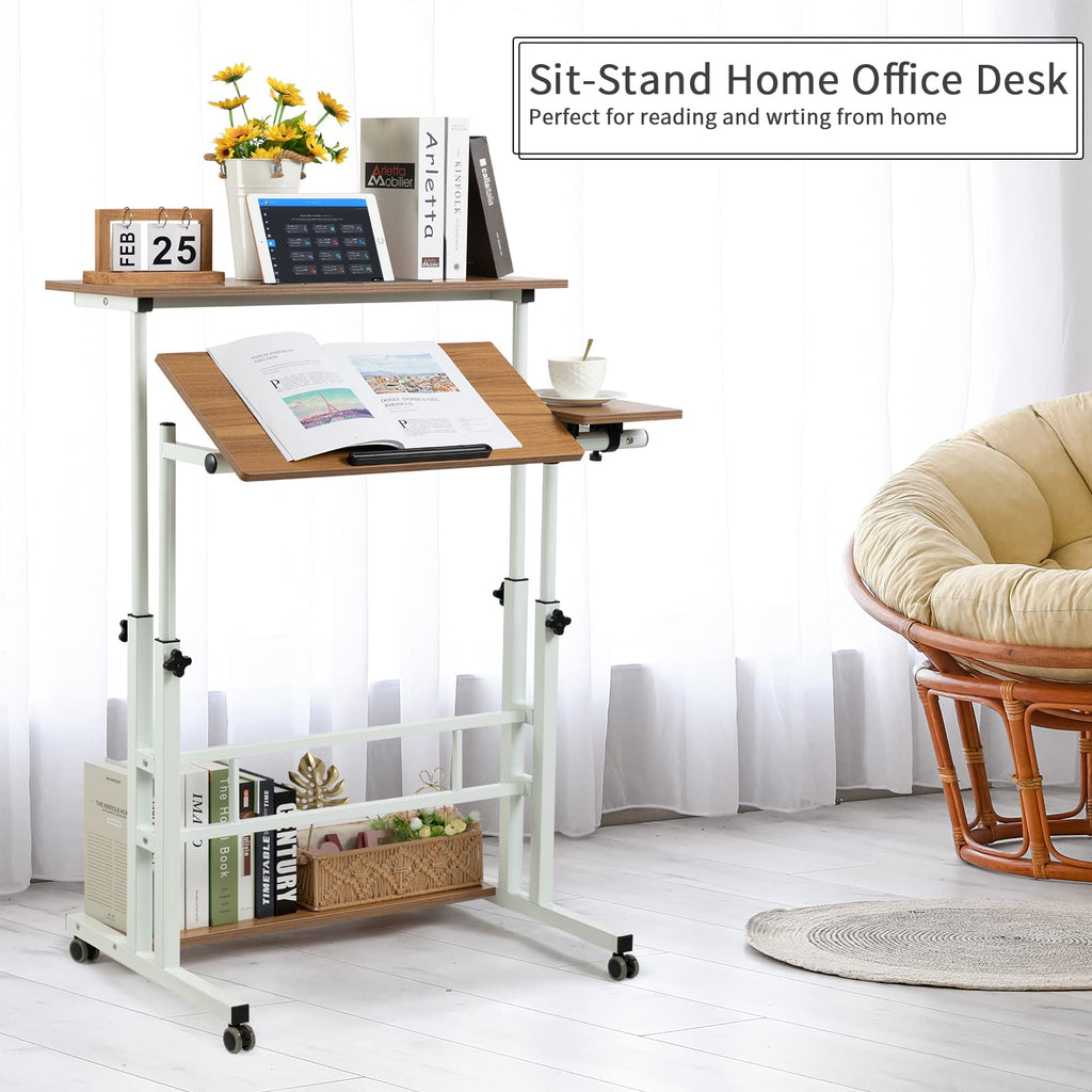 Hadulcet Vintage Oak Stand-Up Computer Desk with Wheels and Adjustable Roller Skates