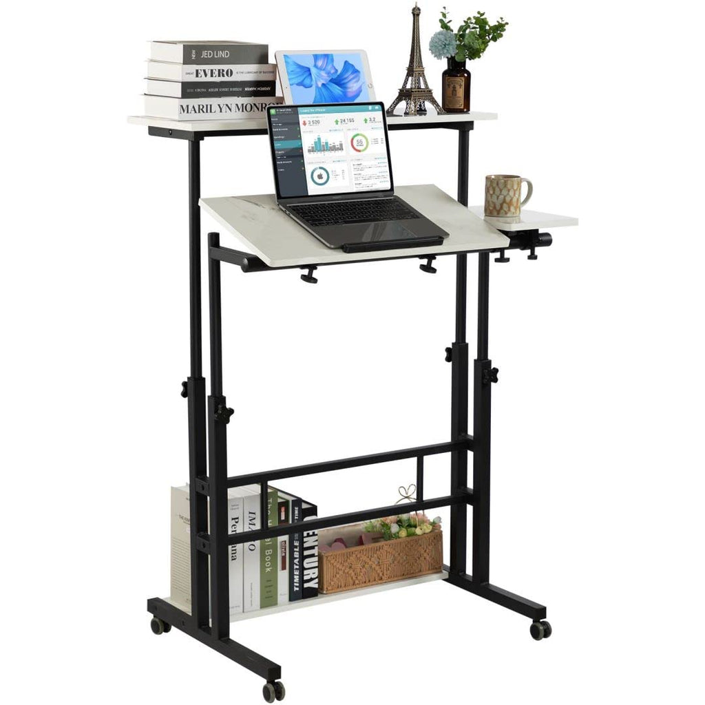 Hadulcet Adjustable Marble White Roller Skating Standing Computer Desk with Wheels