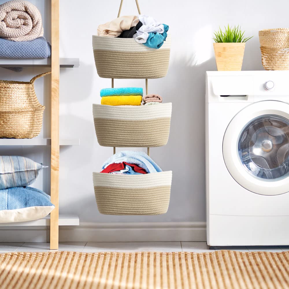 Set of 3 Affordable White and Jute Cotton Hanging Storage Baskets