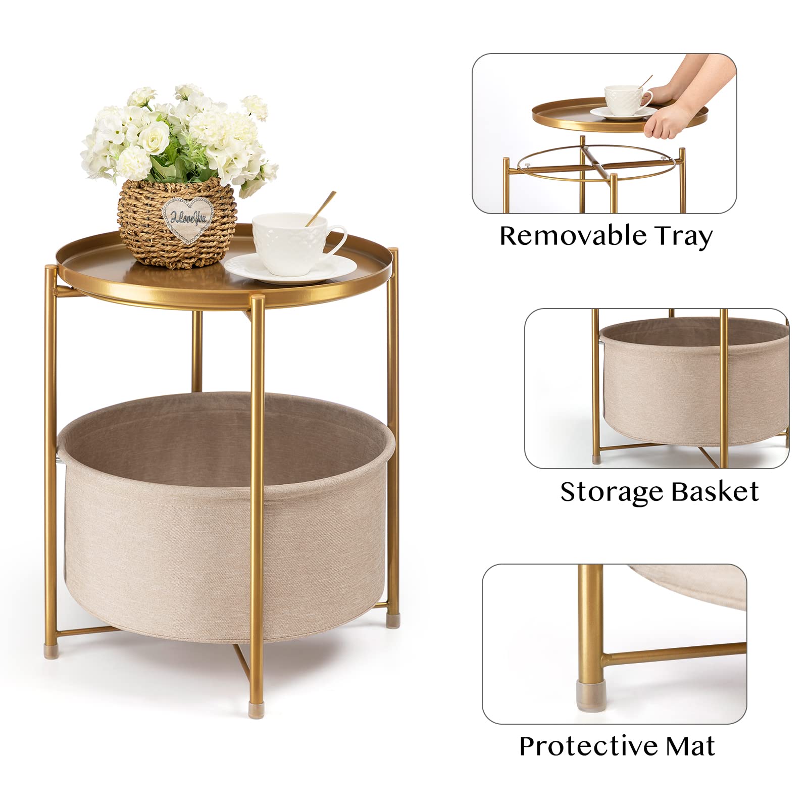 Gold Metal Round Side Table with Basket – Danpinera