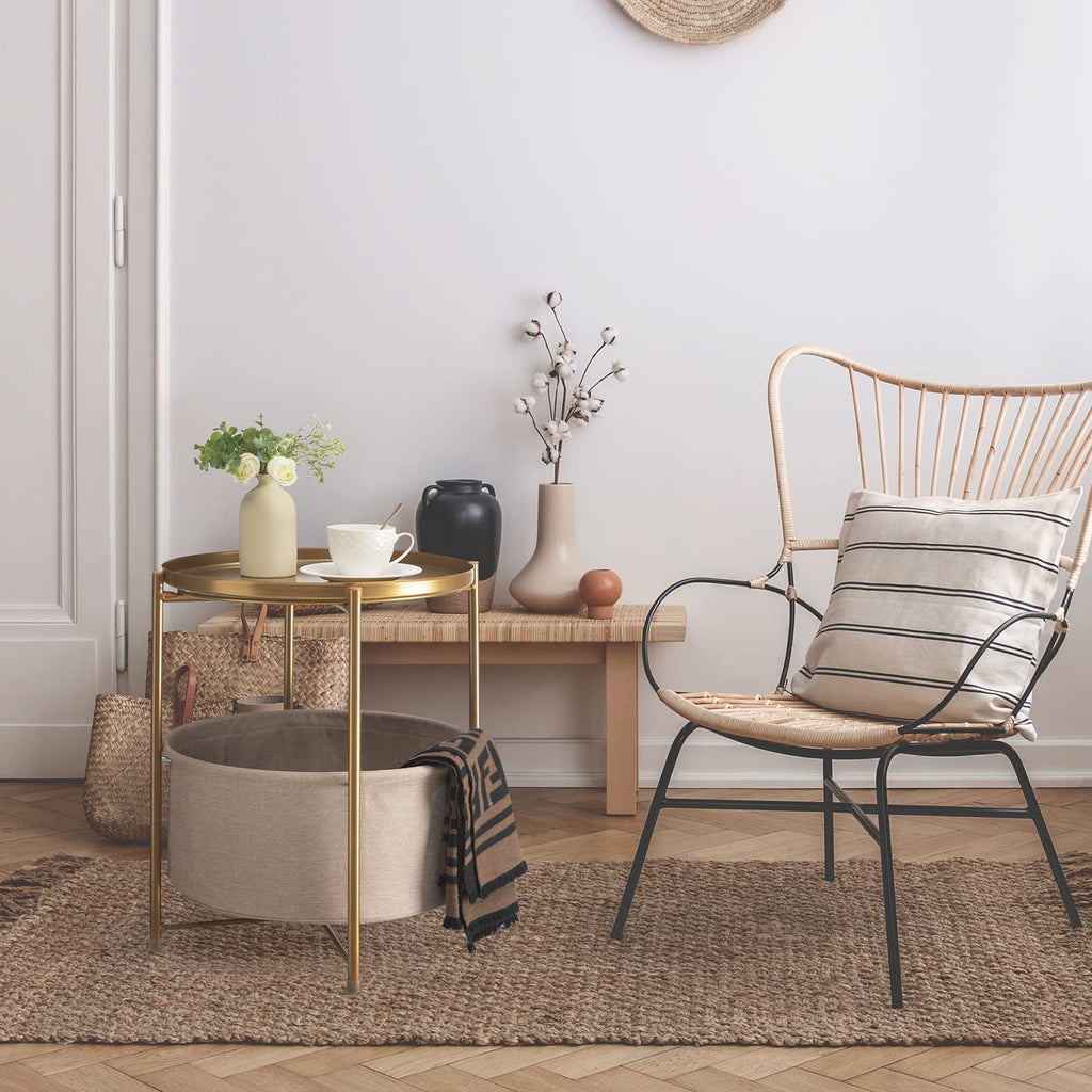 Danpinera Gold Metal Round Side Table with Fabric Storage Basket