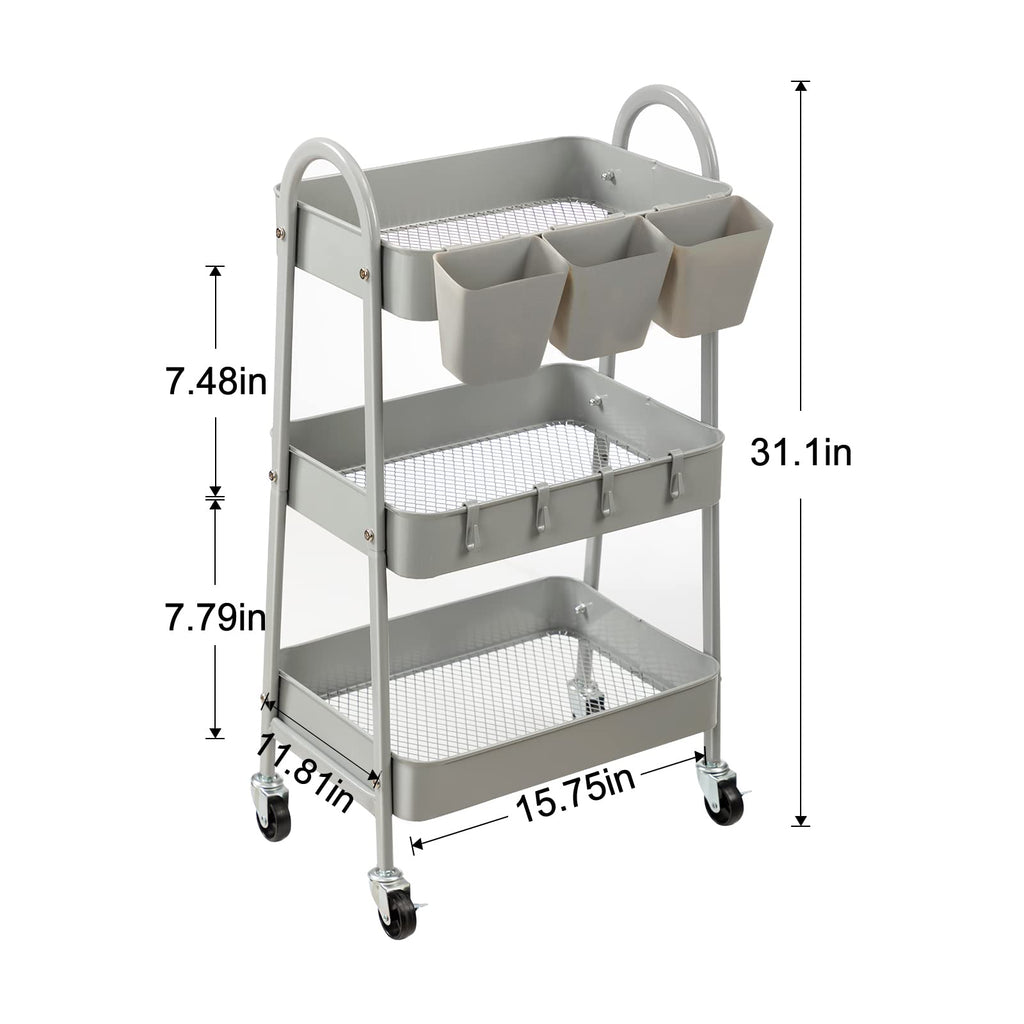 Dark Grey 3-Tier Rolling Cart Hanging Organizer Cup