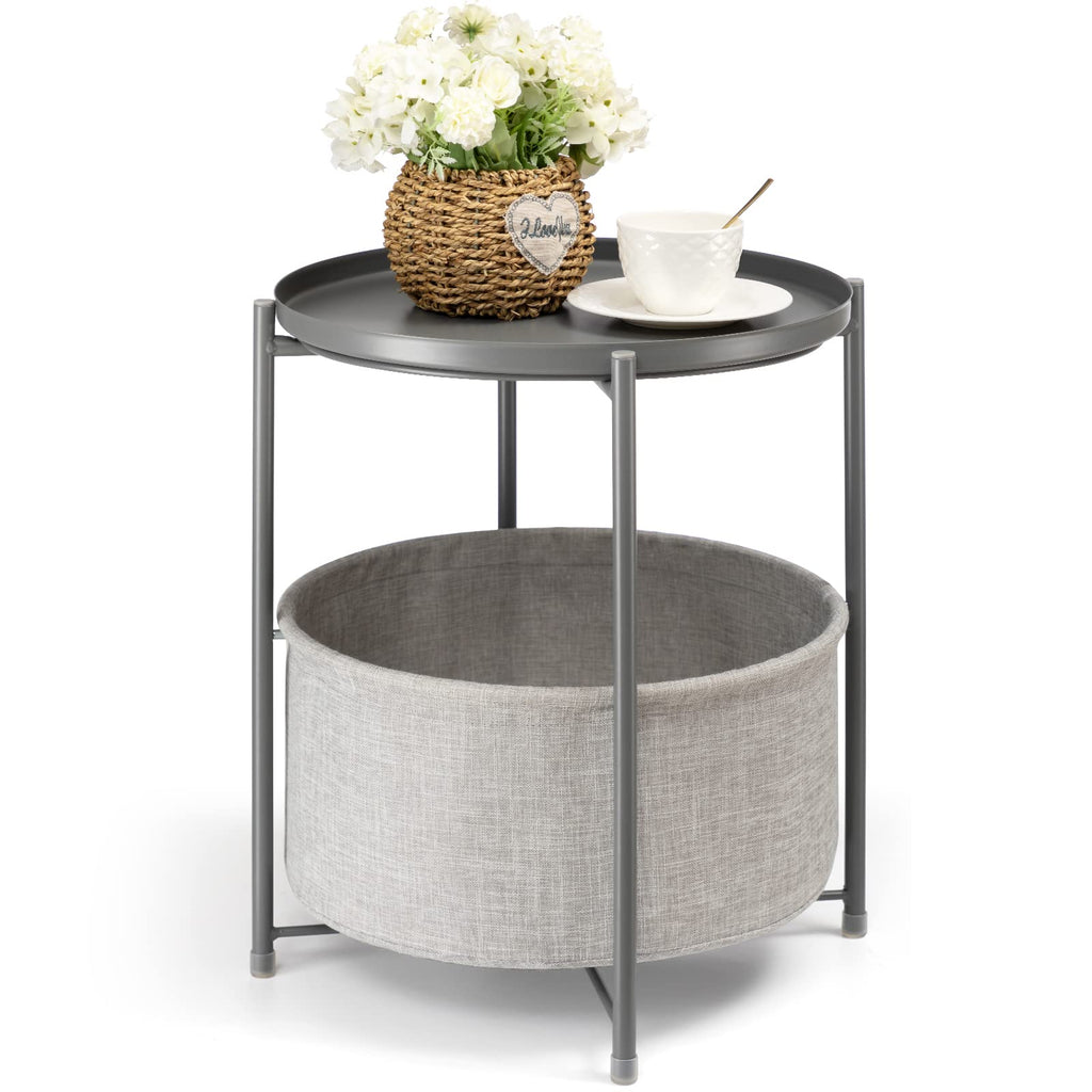 Gray Metal Round Side Table with Basket Danpinera