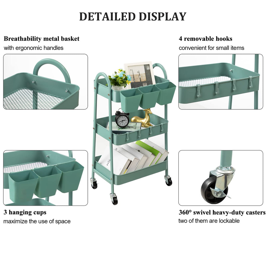 Isaac Jacobs 3-Tier Rolling Cart, Foldable Mobile Storage