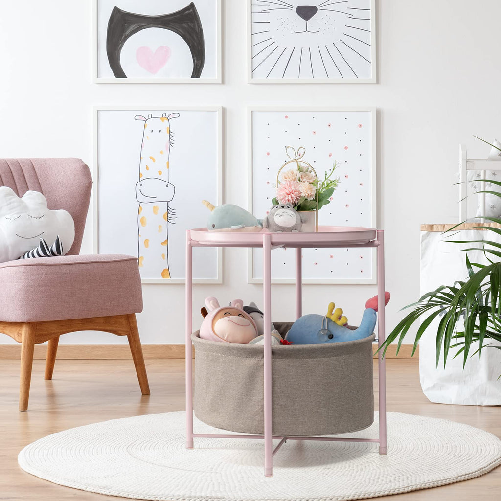Danpinera Light Pink Metal Round Side Table With Fabric Storage Basket