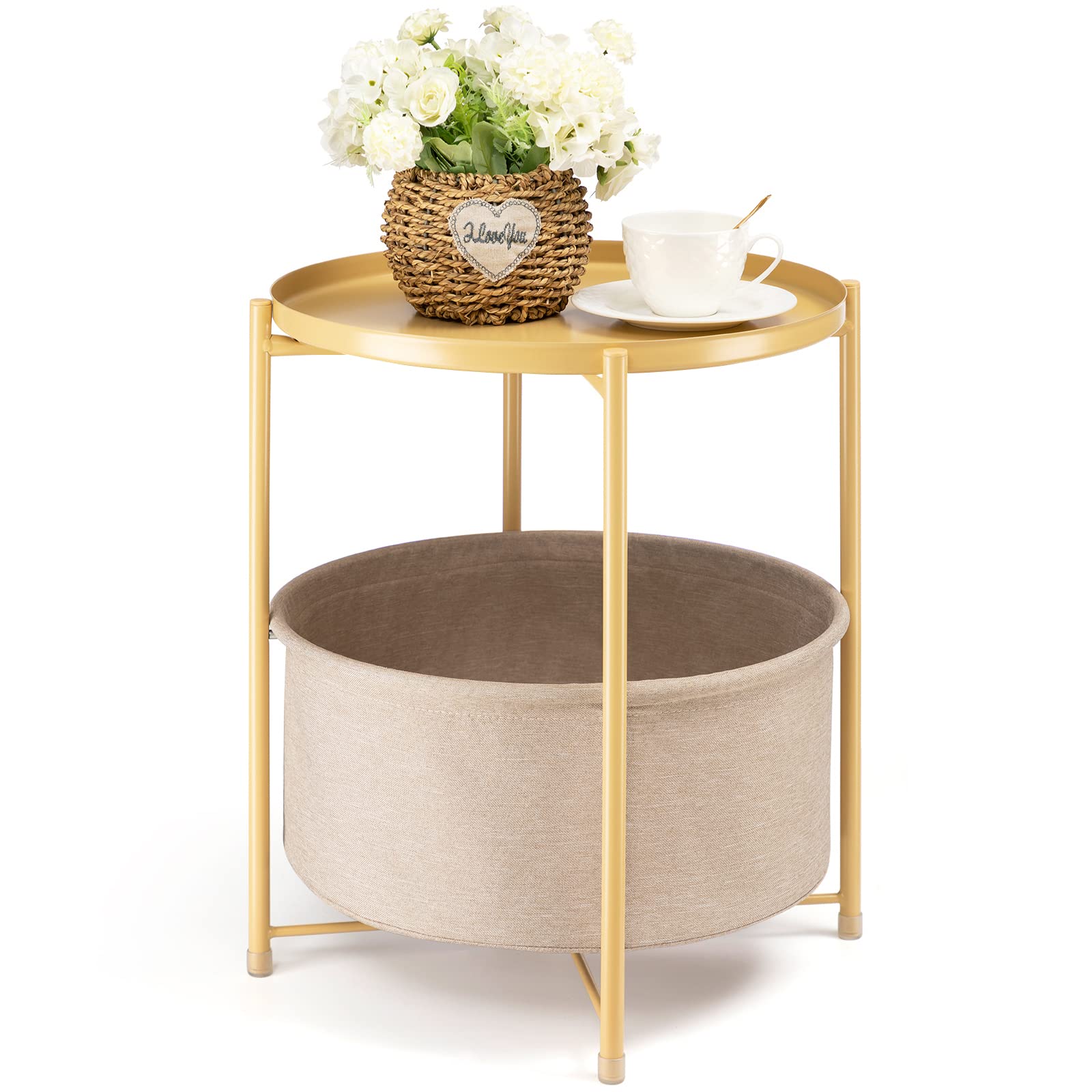 Gold Metal Round Side Table with Basket – Danpinera