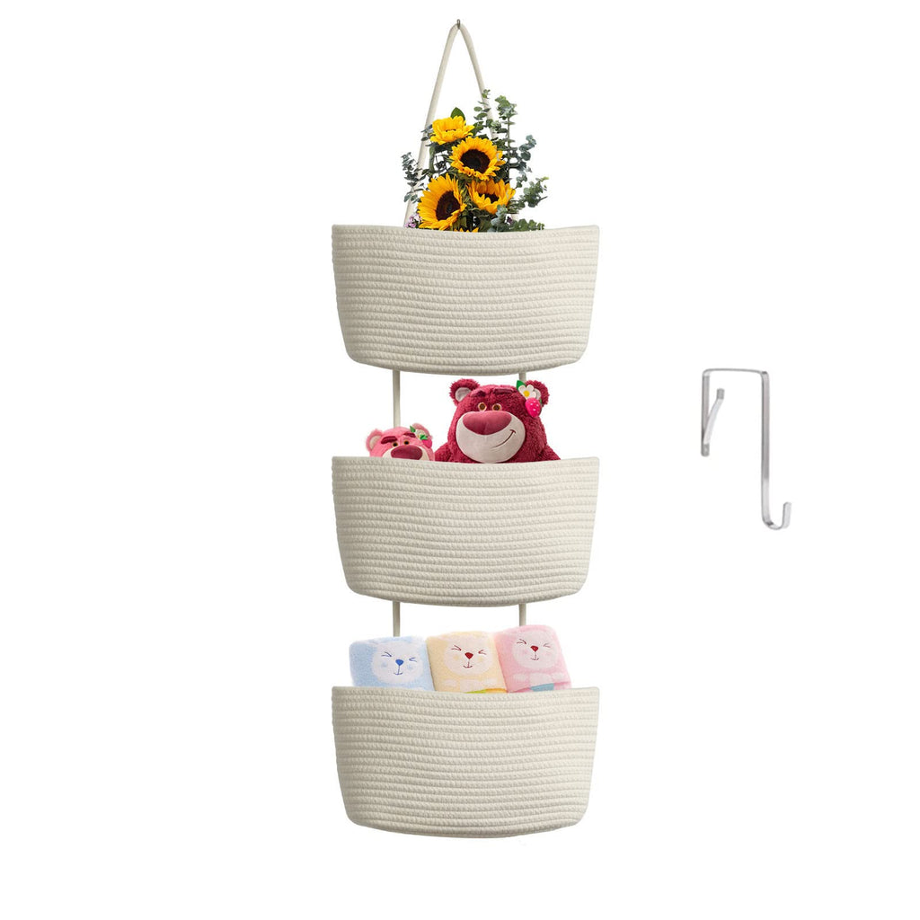 Set of 3 Affordable White and Jute Cotton Hanging Storage Baskets