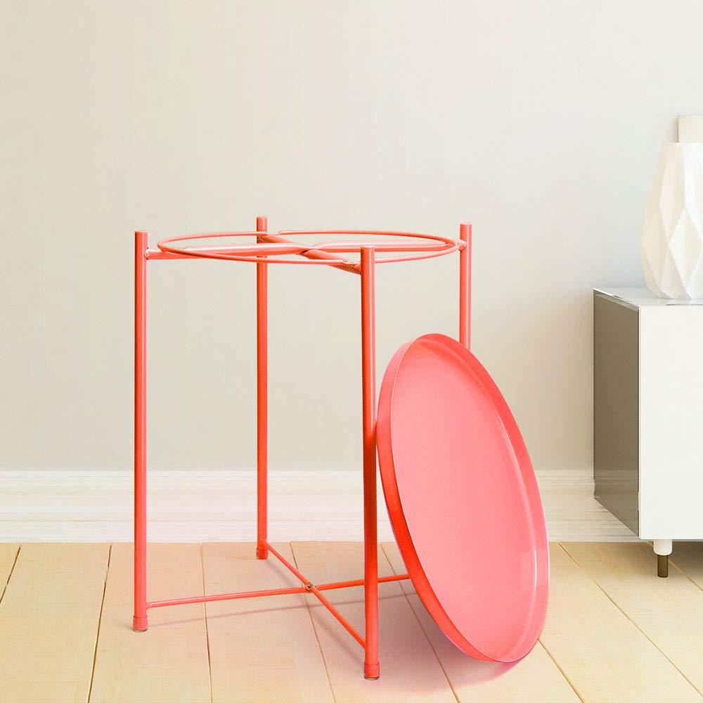 Anti-Rust Coral Single Tier Round Folding Metal Small End Table With Removable Tray