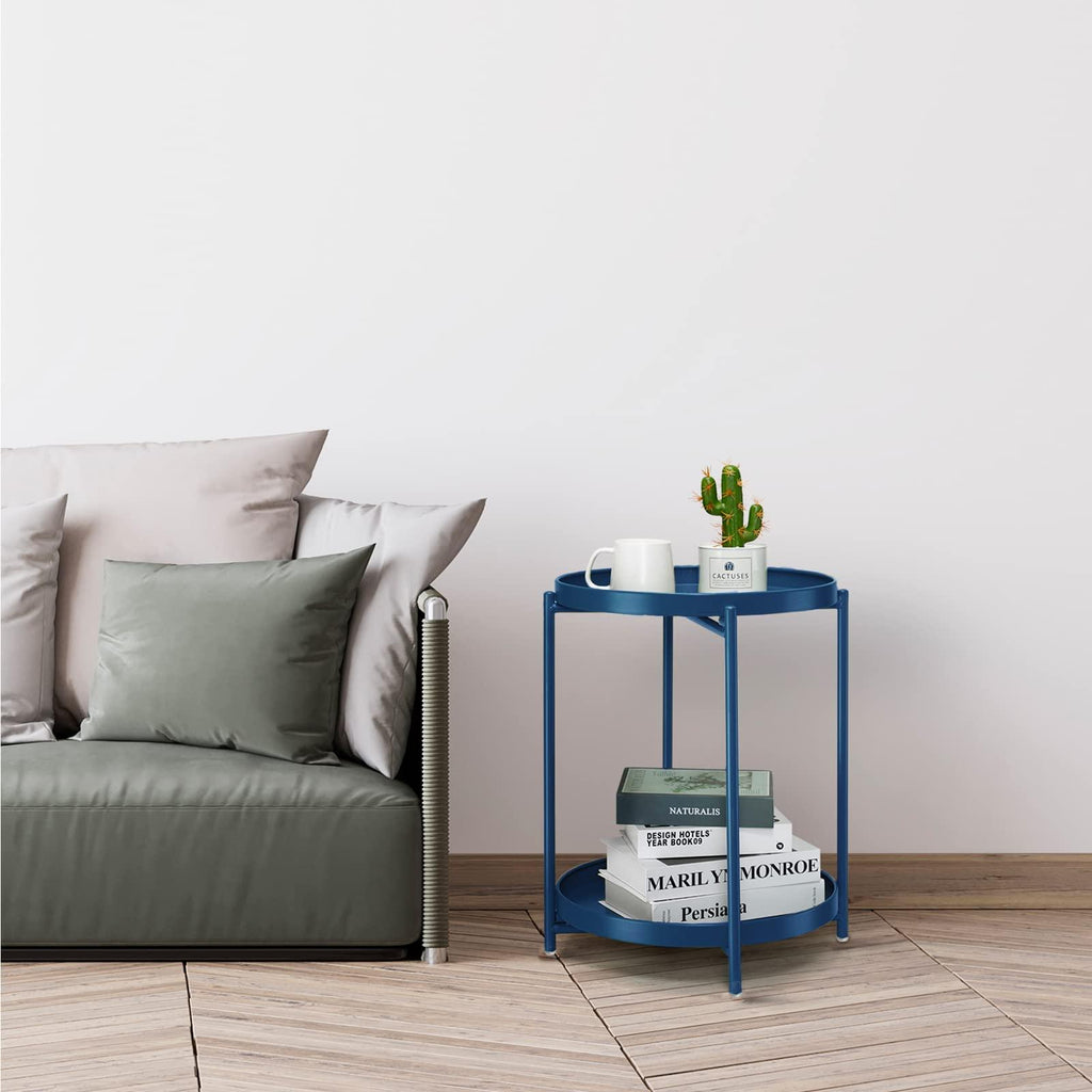 Anti-Rust Navy Blue 2-Tier Round Folding Metal Simple End Table